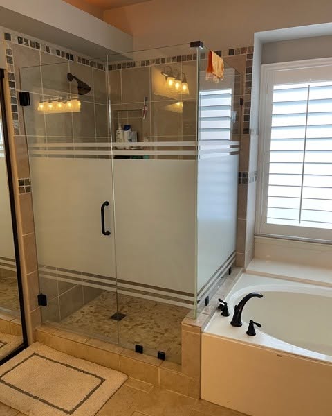 Bathroom with glass shower decorative window film for architectural window tint from the professionals at turbo tint 