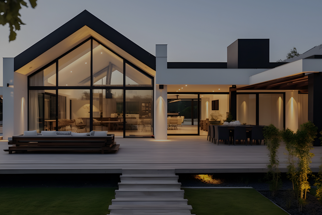 Modern house exterior with large glass windows  tinted for style, protection, heat reduction and safety 