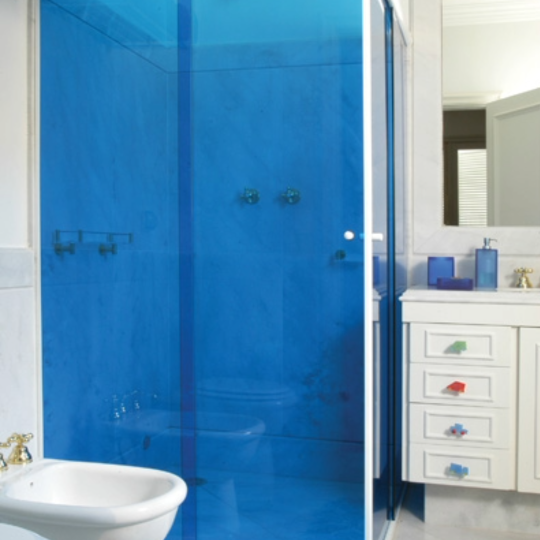 Bathroom with a blue shower window film for style and decor